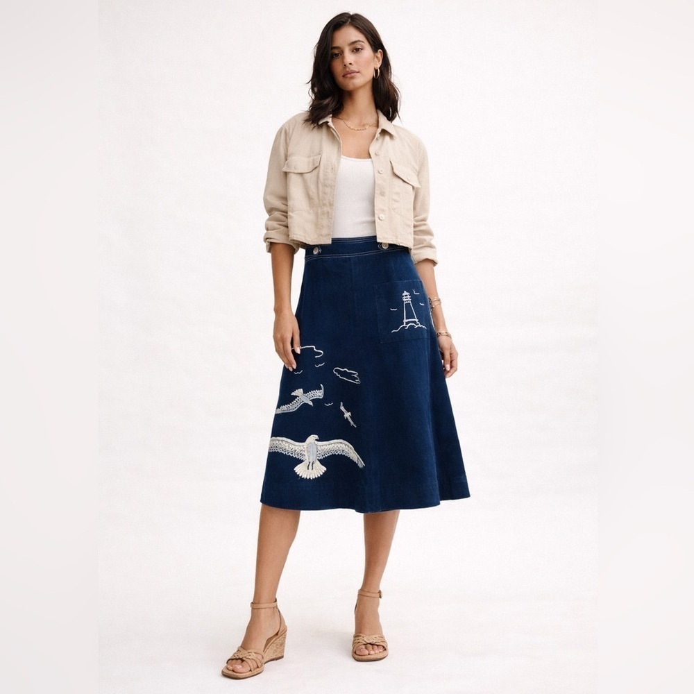 Vintage Sail Loft navy blue heavy twill wrap skirt w/white coastal embroidery M